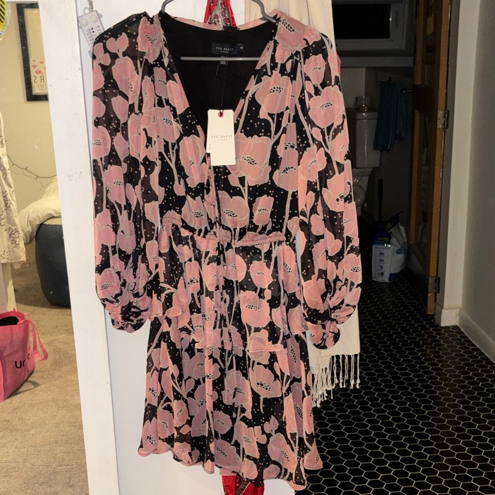 Ted Baker London Pink and Black Midi Dress